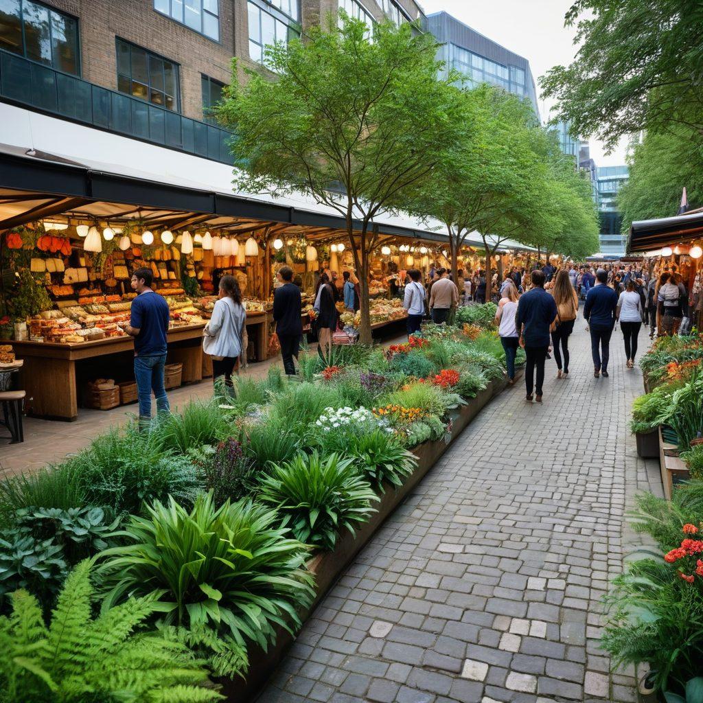A bustling scene at Barbican, showcasing a harmonious blend of historic architecture and sleek modern buildings. People of diverse backgrounds engaging in community activities, surrounded by lush greenery and colorful outdoor art installations. Vibrant street markets filled with artisanal goods and contemporary sculptures reflecting cultural diversity. Soft evening light casting a warm glow over the area, creating an inviting atmosphere. super-realistic. vibrant colors. white background.