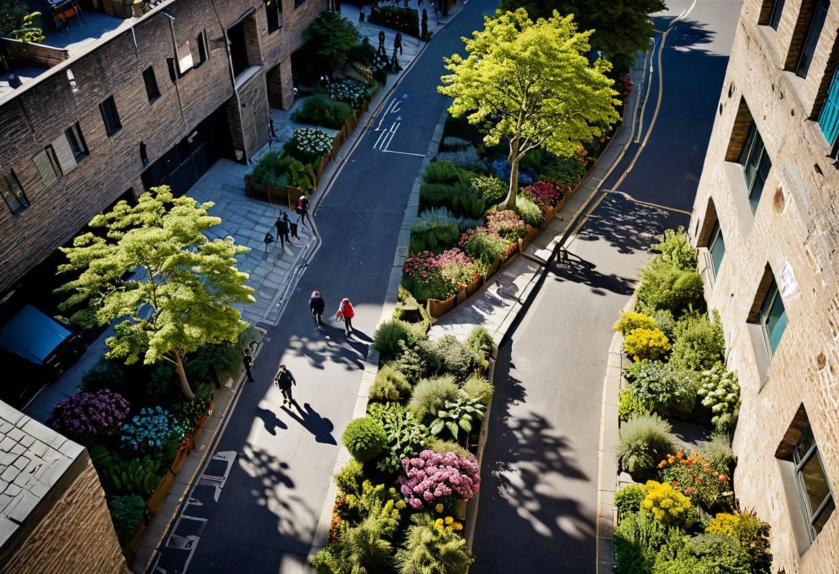 An aerial view of Barbican's historic fortress showcasing its unique architecture intertwined with vibrant street art, surrounded by bustling urban life. The scene should capture the juxtaposition of ancient stone walls against colorful murals, with people wandering around, creating a dynamic atmosphere. Majestic trees and flowering plants should add a touch of nature, enhancing the urban vibe. Bright sunlight casts playful shadows, inviting viewers to experience the charm of this artistic hub. super-realistic. vibrant colors. 3D.