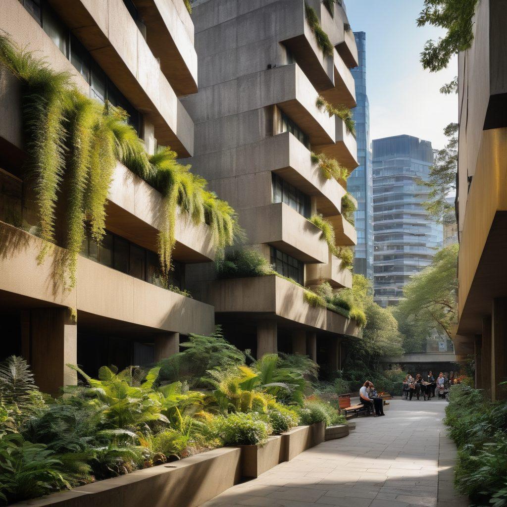 A captivating cityscape of Barbican showcasing its unique brutalist architecture intertwined with lush greenery and cultural landmarks. Include people enjoying outdoor art galleries and vibrant street performances, epitomizing urban charm. The scene should be bathed in warm sunlight, highlighting the elegance of the buildings. super-realistic. vibrant colors. dynamic composition.
